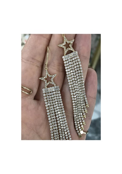 Yıldız Detaylı Taşlı Ve Sallantılı Model Küpe Altın