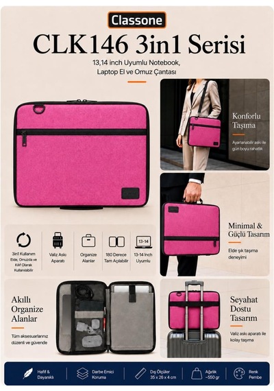 Classone 3in1 Serisi Clk146 13,14 İnch Uyumlu Tablet, Laptop El Ve Omuz Çantası Pembe
