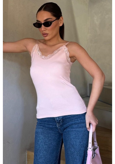 Madmext Pudra Dantelli V Yaka İnce Askılı Atlet Mg2720