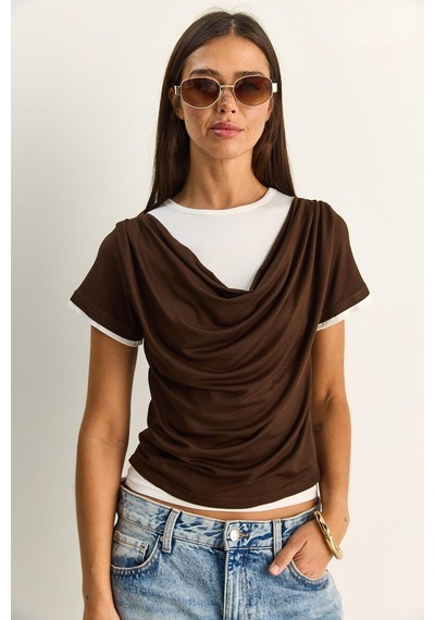 Shade Kadın Çift Kat Görünümlü Degaje Yaka Kısa Kol T-shirt 6140 60286132 - Acı Kahve Acı Kahverengi