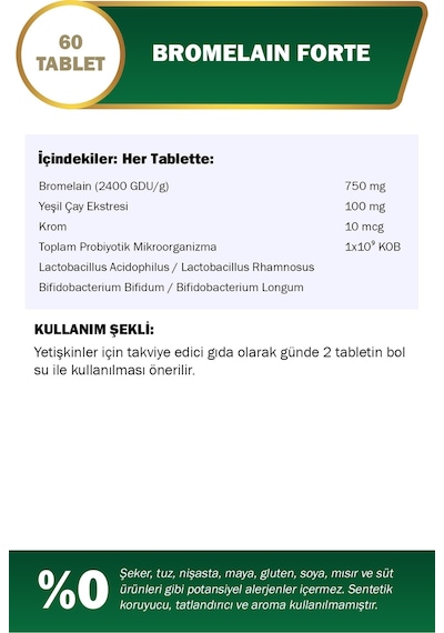 Nutraxin Bromelain Forte 750 mg 60 Tablet Krom Yeşilçay Probiyotik