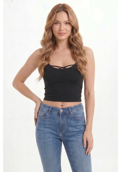 Tudors Kadın Slim Fit Dar Kesim Pamuklu İnce Askılı Siyah Crop Atlet-51094