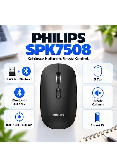 Philips SPK7508 Bluetooth 5.2 / 2.4GHz Kablosuz 1600 DPI 6 Tuşlu Sessiz Mouse