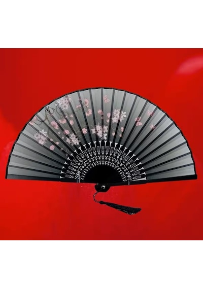 Beluga Yelpaze Bambu Kumaş Serinletici Vintage Gri Şık Dekorasyon Püsküllü Japon Yelpaze 0204