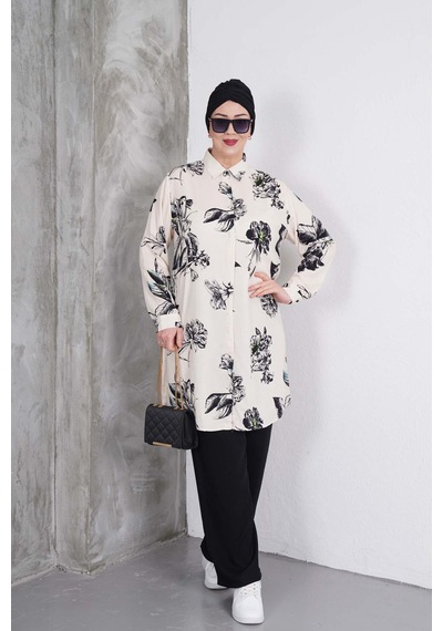 Polologin Butik Siyah Beyaz Çiçekli Tunik Pantolon Takımı Siyah & Beyaz