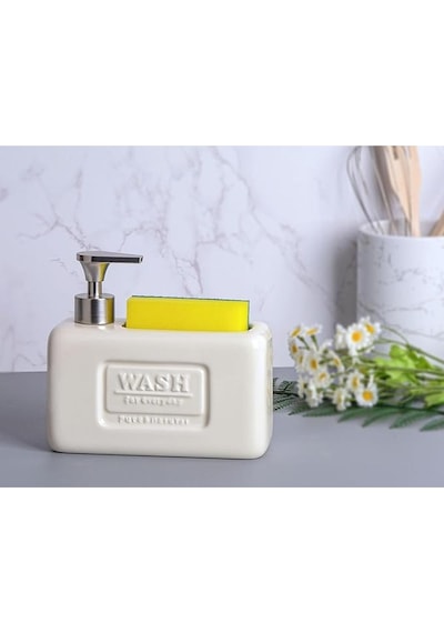 Makri Home Şık Ve Fonksiyonel Seramik Süngerlikli Sıvı Sabunluk/deterjanlık, Krem, 500 Ml