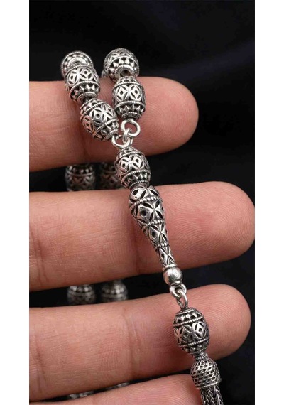 925 Ayar Oval Kesim 3 Kamçılı Püskül Orta Boy Karo Desen Otantik Gümüş Tesbih Gümüş  - Siyah