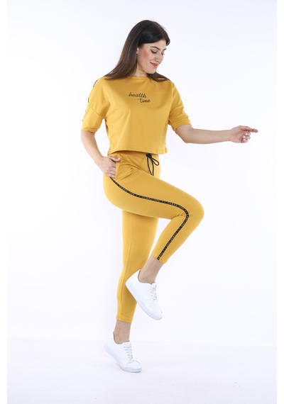 Kadın-Alt-Üst T-Shirt Takım, Rahat Kesim-3828 Hardal