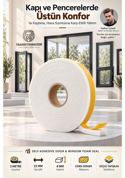 Tr 3 Metre Kapı Pencere İzolasyon Süngeri 22x8 Mm Yapışkanlı Yalıtım Bandı 723803