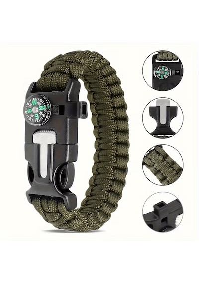 5'i 1 Arada Çok Fonksiyonlu Outdoor Hayatta Kalma Bilekliği - Haki Yeşil Renk Haki Yeşil