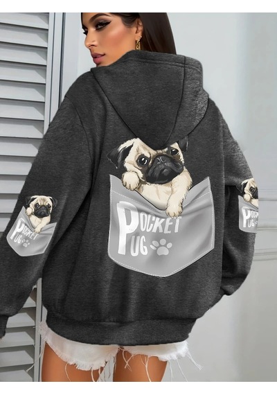 Startmore Cep Pug Kapüşonlu Üstleri Kadınlar Karikatür Köpek Baskılı Büyük Beden Cepli Kapüşonlu Üst Kı Antrasit
