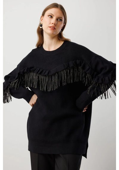 On Fashion Kadın Püsküllü Siyah Kazak 60321 Siyah
