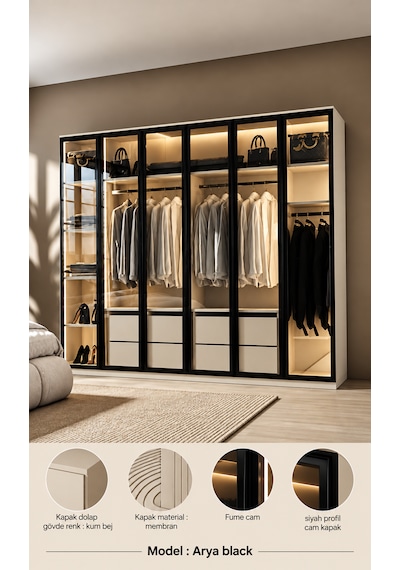 Free Home Arya Black Mdf Gardırop Elbise Dolabı 240x218x57 Kumbeji