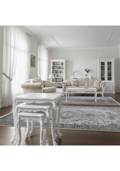 Majestic Fransız Still 3'lü Ahşap Zigon Sehpa Beyaz
