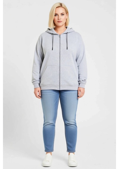 Ersefa Kadın Büyük Beden Sweatshirt Üç İplik İçi Şardonlu Kapüşonlu Tam Gri