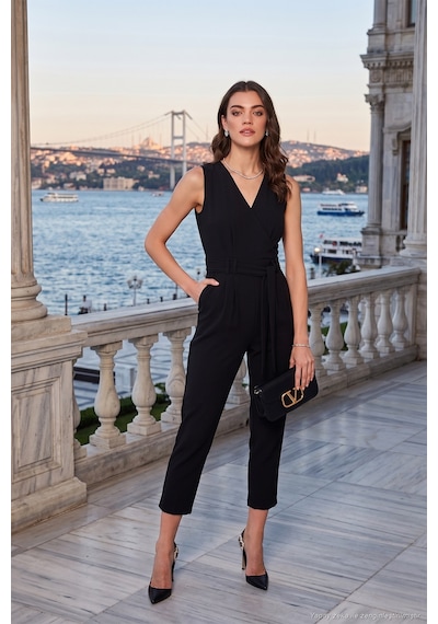 Lela Slim Fit Düz Paça Kruvaze Yaka Kemerli Bayan Tulum 6783626 Siyah