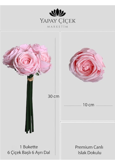 Pembe Yapay Lüx Gül Buketi 6 Dallı Premium Canlı Islak Dokulu 30 Cm