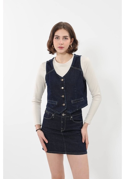 Banny Jeans Kadın V Yaka Düğmeli %100 Pamuk Jean Yelek Lacıvert