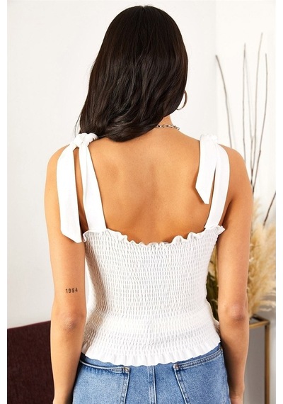 Aqe Fashion Kadın Beyaz Askılı Crop Bluz-Beyaz