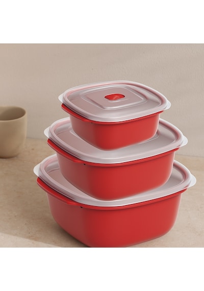 Kırmızı Kare Saklama Kabı Seti 3'lü 550/1100/2200 Ml Çr