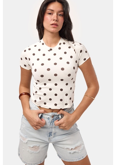 Kadın Ekru Puantiyeli S6-101 Crop Fit T-shirt
