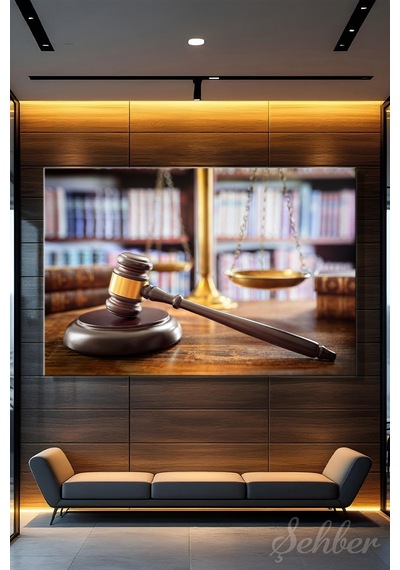 Hakim Tokmağı Gavel Ve Flu Kütüphane Rafları İle Adalet Terazisi Yatay Kanvas Tablo 3860 Çok Renkli