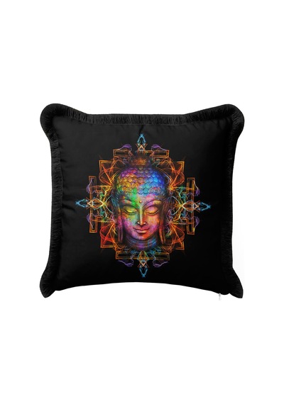 Spiritüel Zen Mandala Saçaklı Yastık Kılıfı - Meditasyon Temalı Bohem Siyah Püsküllü Kırlent Kılıfı Çok Renkli