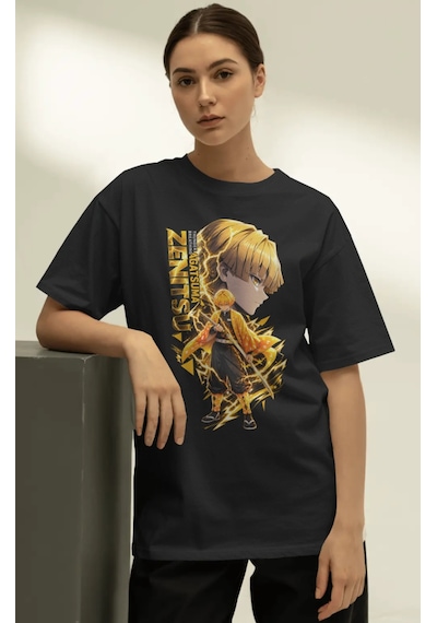 Unisex Oversize Zenitsu Agatsuma Demon Slayer Anime Karakter Ön B Siyah
