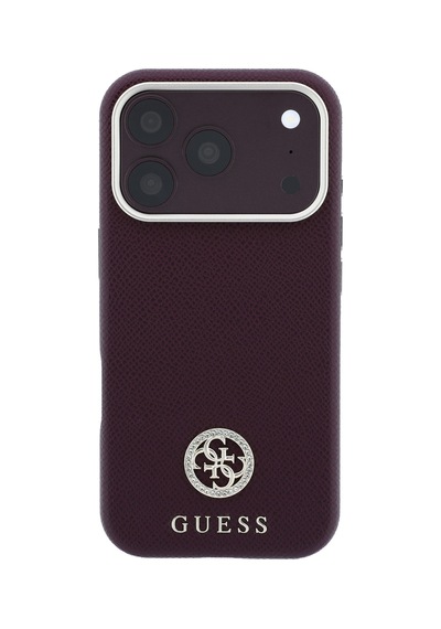 Apple iPhone Uyumlu 18 Pro Max Kılıf Guess Lisanslı M-safe Özellikli Pu Taşlı Metal 4g Ve Yazı Logolu Kapak Bordo