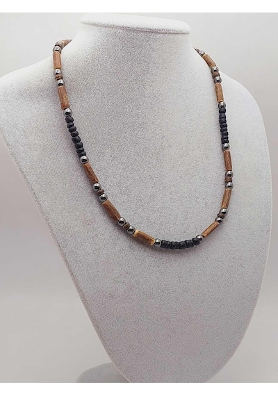 Yasamtohumu Ahşap & Hematit Tasarım Unisex Otantik Kolye 56096 Çok REnkli Çok Renkli