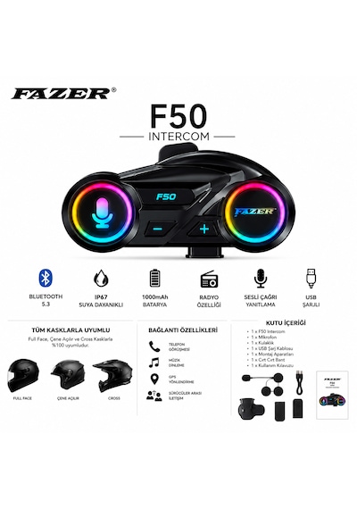 Fazer F50 Bluetooth 5.3 Motosiklet Kask İnterkomu Ip67 Suya Dayanıklı