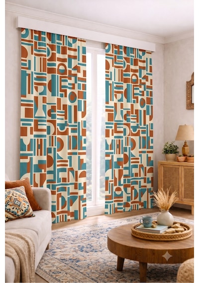 Modern Vintage Desenli Fon Perdesi 140x260 Cm 2 Kanat Dekoratif Dijital Baskılı Premium Salon Oturma Odası Yatak Odası Pencere Perdesi Turkuaz