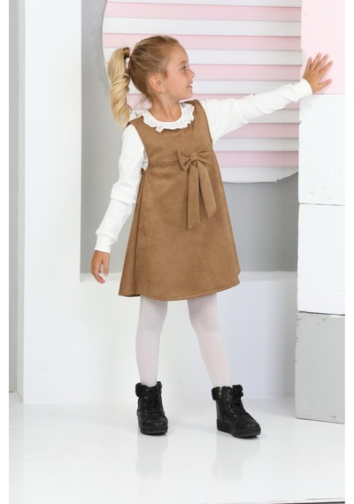 Kız Çocuk Süet Kumaş 2'li Elbise Elbise+bady Bluz 12177 Vizon