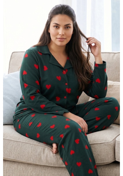 Siyah İnci Desenli Termal Kumaşlı Ultra Soft Yumuşak Büyük Beden Battal Boy Düğmeli Örme Pijama Takımı 26226505 Yeşil