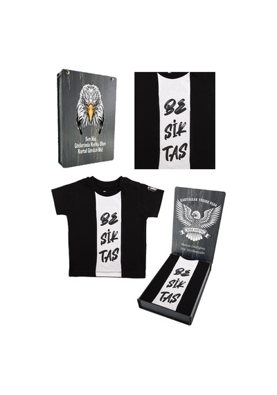 Beşiktaş Siyah Bebek T-shirt Kişiye Özel Ahşap Kutulu Beyaz - Siyah