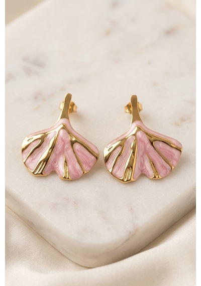 Gold Pembe Mineli Yaprak Premium Çelik Küpe Çok Renkli