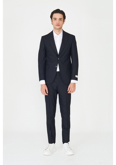 Lacivert İnce Çizgili Modern Slim Fit Klasik Yaka Takım Elbise Desenli