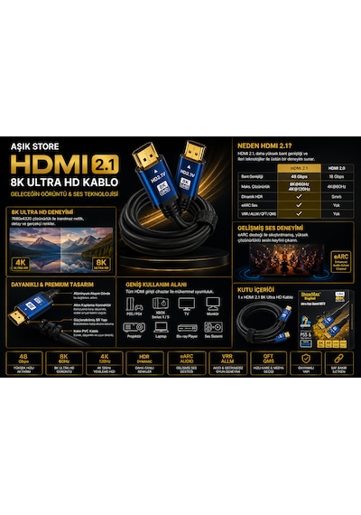 Hdmı 2.1 Kablo 1.8 Metre 8k Ultra Hd 48gbps Earc Hdr Vrr 4k 120hz Altın Uçlu Ps5 Xbox Series X Yüksek Hızlı Hdmı Kablo
