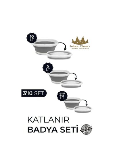 3 Adet Katlanır Leğen Seti Akordiyon Badya Seti - Katlanır Kova Çeyiz Seti 2.7 L-5 L-10 Litre Gri-beyaz