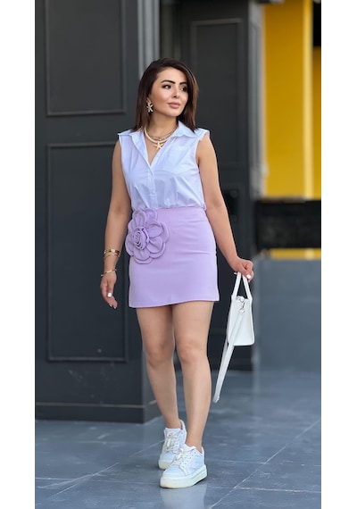 Lila Premium Çicek Detaylı Mini Etek Lila