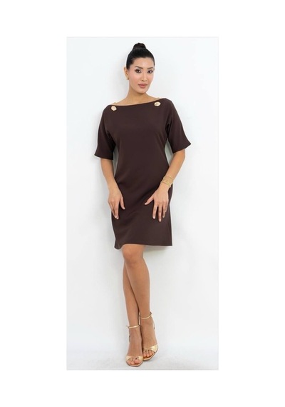 Dorne Moda Omuz Düğme Detaylı Mini Elbise Kahverengi Kahverengi