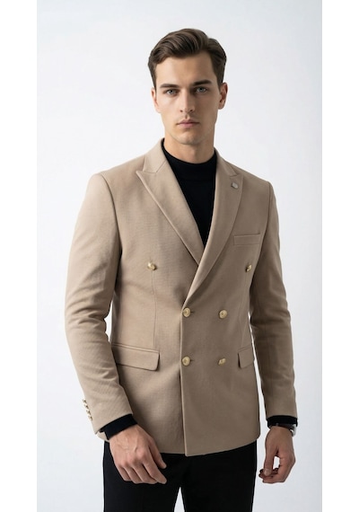 Plus Scorpion Erkek Kruvaze Blazer Ceket Slim Fit Premium Dokulu Şık Klasik Ceket Bej