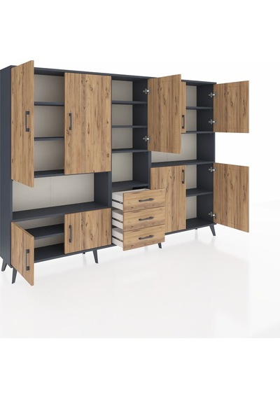 Arges Dolap 13 Raflı 3 Çekmeceli 9 Kapaklı 220x30x163 Antrasit-ça Antrasit-çam