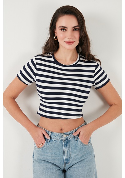 Lela Slim Fit Bisiklet Yaka Çizgili Crop Bayan T Shirt 5866110 Lacivert
