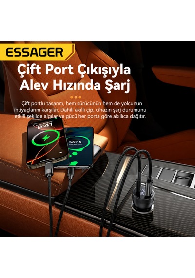 Essager 100w Çift Port Araç Şarj Cihazı Type-c Usb Hızlı Şarj Dijital Voltaj Göstergeli