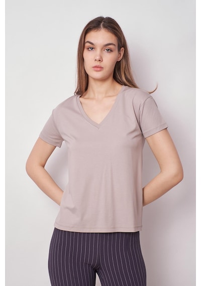 Jument Kadın V Yaka Kısa Kol Likralı Kumaş Şık T-shirt Bluz-gri Gri