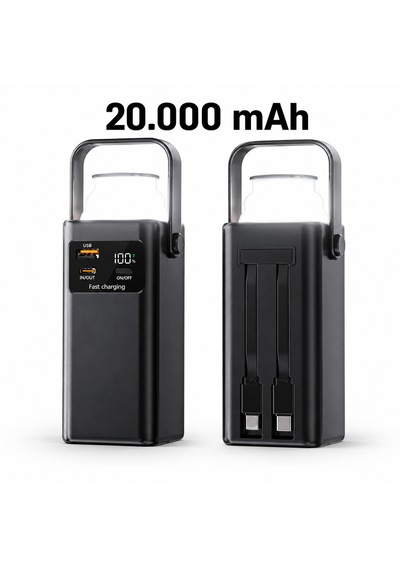 20.000 Mah Powerbank Kamp Lambası Dahili Usb-c & Lightning Kablolu Dijital Göstergeli Pd Hızlı Şarj Taşınabilir