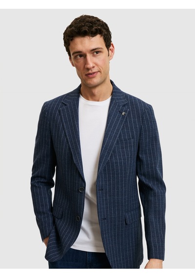 Cacharel Lacivert Çizgili Slim Fit Yün Karışımlı Klasik Ceket