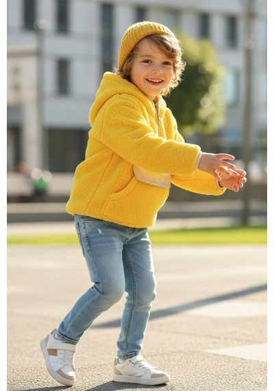 Miniğimin Cicileri Kanguru Cep Detaylı Kapüşonlu Unisex Çocuk Polar Sweat - Sarı