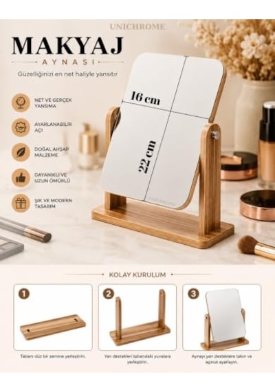 Unichrome El Aynası Masa Aynası Makyaj Aynası Ayarlanabilir Makeup Mirror 17x22cm Açık Bej